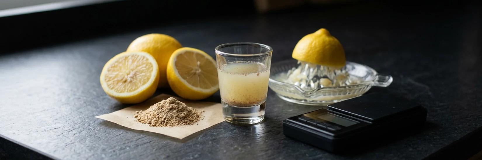 Lemon tek ingredients on a kitchen counter: fresh lemons, ground mushroom powder, a citrus press, a shot glass and a digital scale