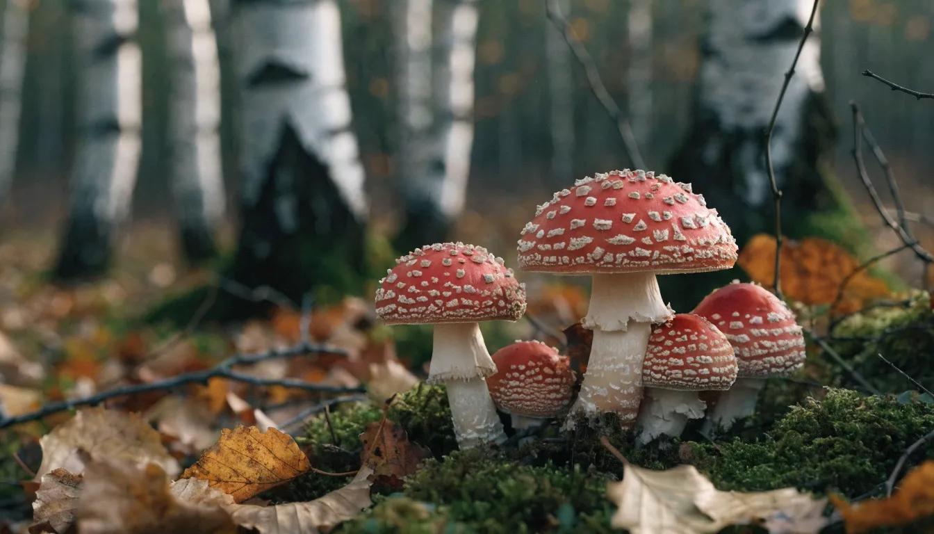 Amanita muscaria fly agaric mushrooms with scarlet white-flecked caps growing in moss and birch leaf litter on a European forest floor