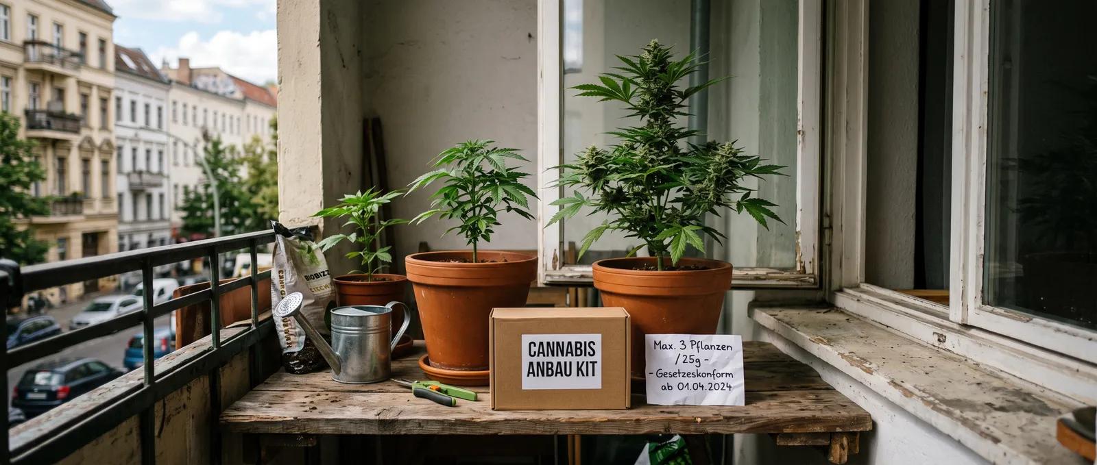Balcony grow in a German city: three potted cannabis plants beside a sign quoting the CanG limits — three plants and 25 g, lawful since 1 April 2024