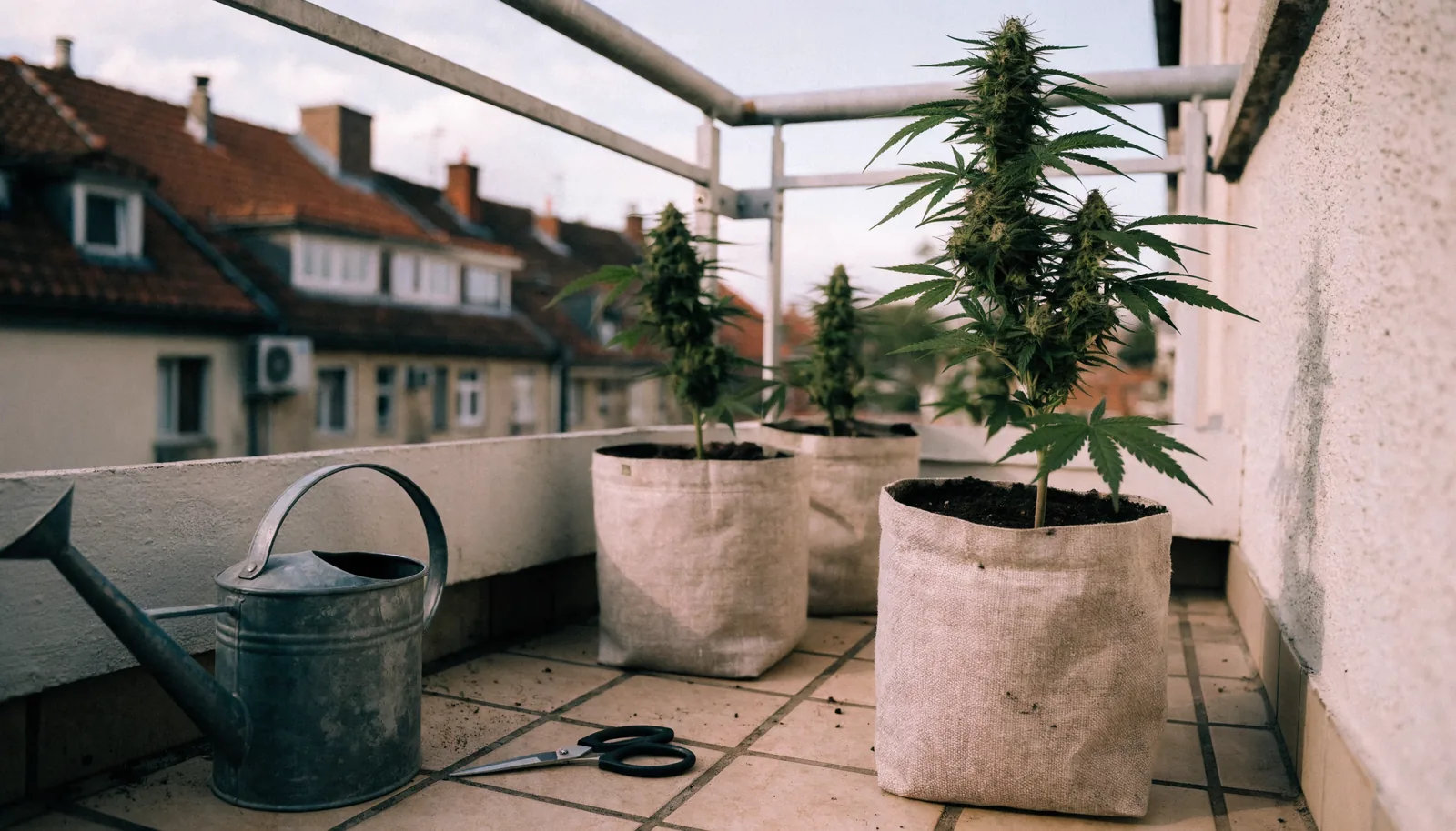 Drie compacte wietplanten in stoffen potten op een Europees appartementsbalkon