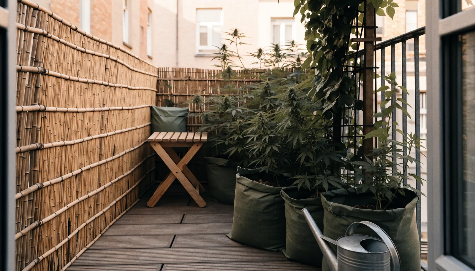 Bamboe privacyscherm die wietplanten in stoffen potten verbergt op een smal balkon