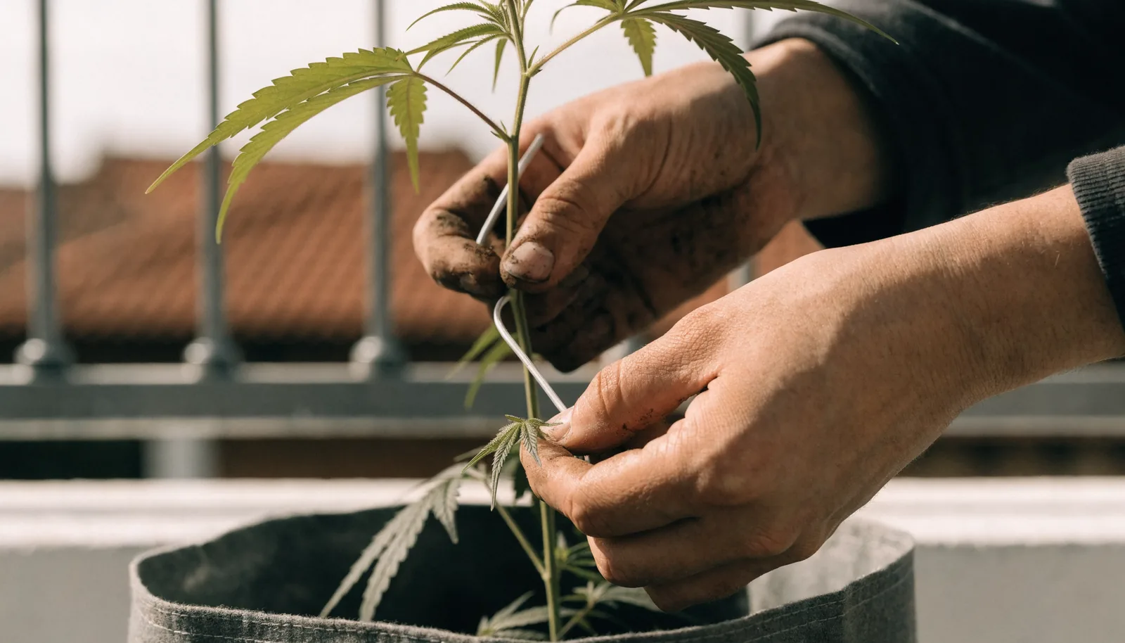 Handen die een wiettak vastbinden met plantendraad via low-stress training op een balkon