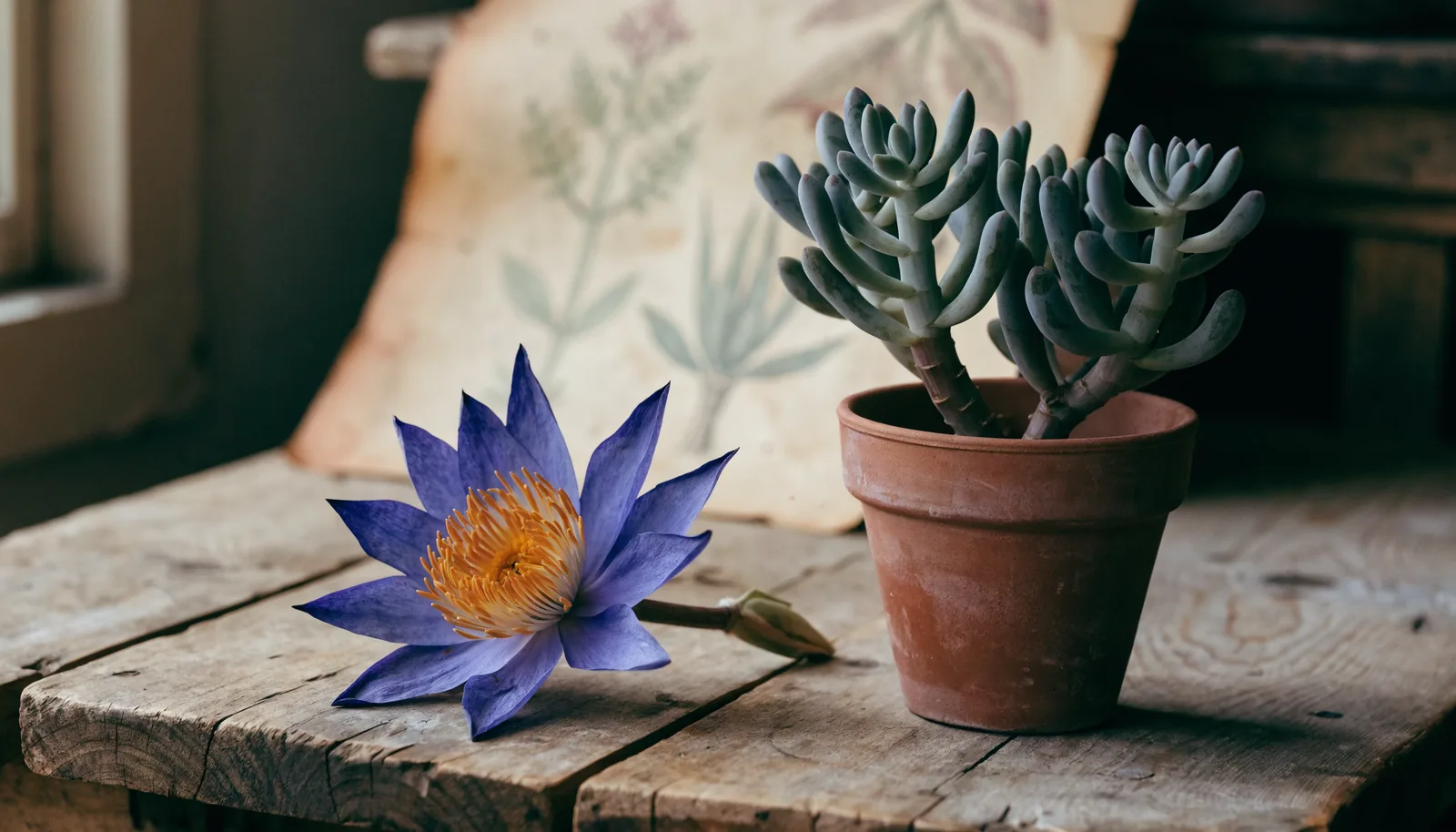 Gedroogde blue lotus-bloem (Nymphaea caerulea) naast een levende kanna-vetplant (Sceletium tortuosum)