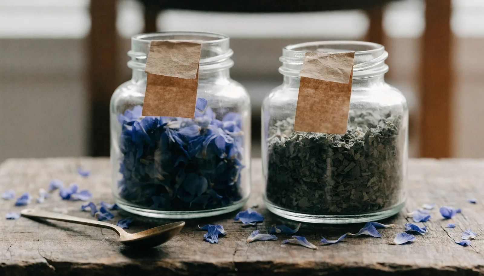 Glazen potten met gedroogde blue lotus-blaadjes en gehakt kanna-plantmateriaal