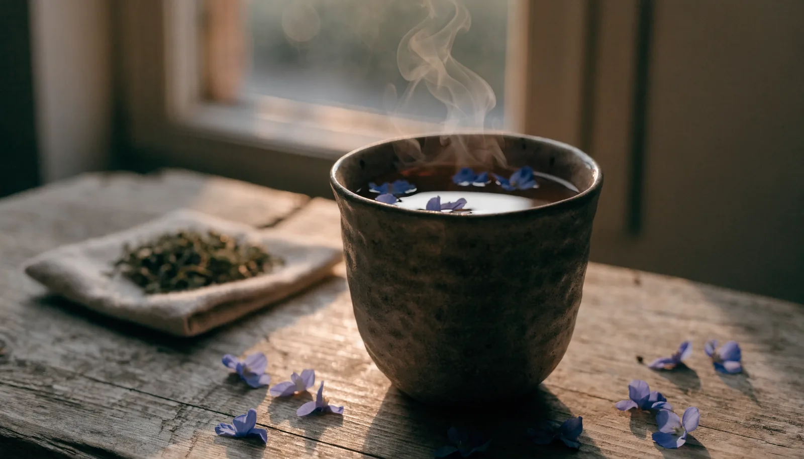Een kop blue lotus-thee met drijvende blaadjes naast een zakje gedroogde kanna