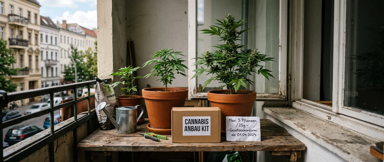 Balcony grow in a German city: three potted cannabis plants beside a sign quoting the CanG limits — three plants and 25 g, lawful since 1 April 2024