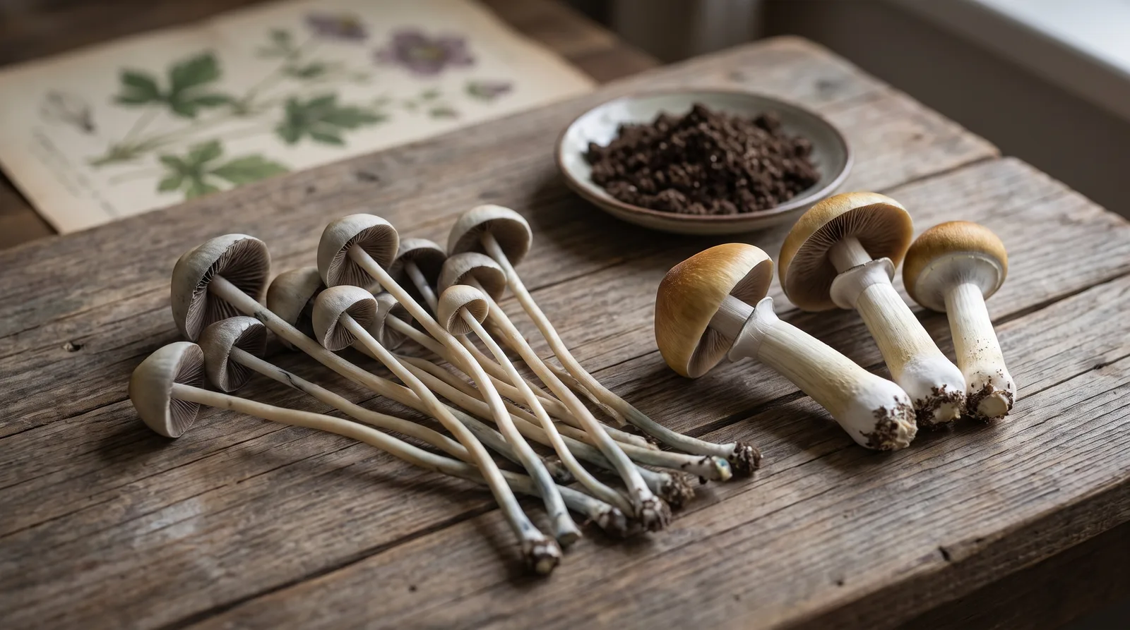 Slender Panaeolus cyanescens mushrooms beside stocky Psilocybe cubensis on a wooden table