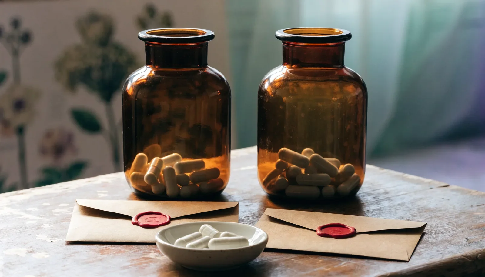 Twee identieke potten met witte capsules en verzegelde enveloppen voor blindering en placebocontrole
