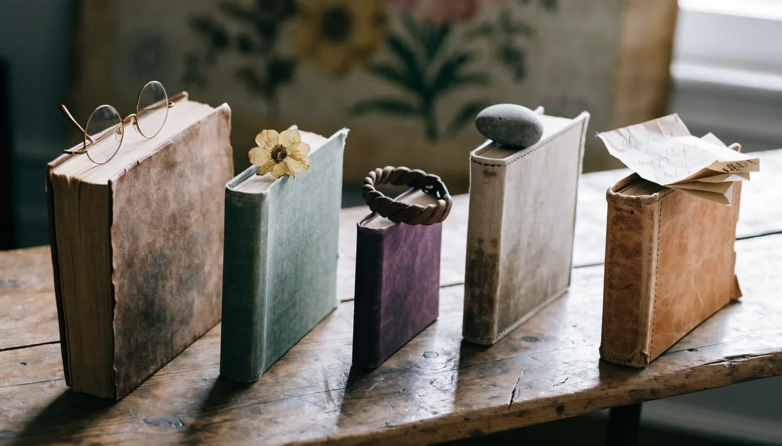 Vijf verschillende dagboeken met persoonlijke voorwerpen die individuele verschillen bij dezelfde dosis verbeelden