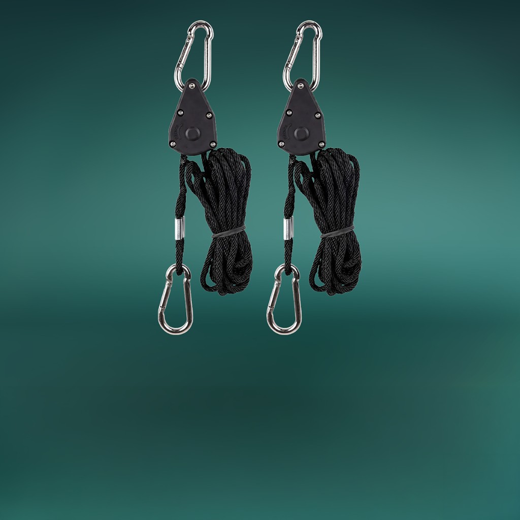 Pair of rope ratchet hangers for secure adjustable mounting in grow tents.